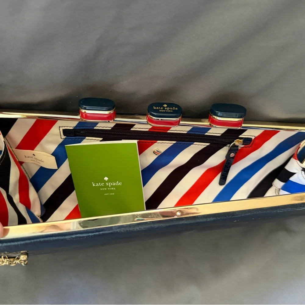 Kate Spade New York Navy Patent Clutch Clasp w/ Striped Lining novelty ship